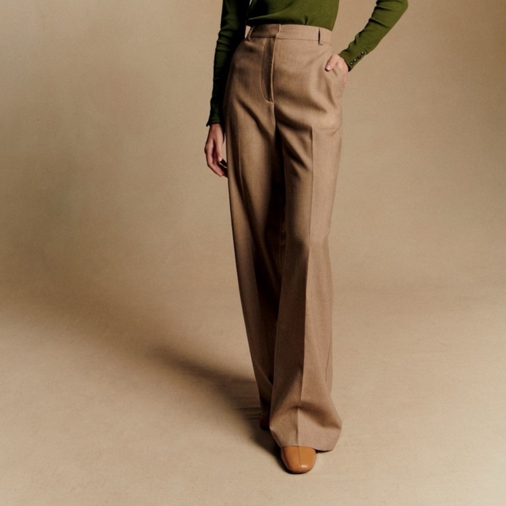 Sezane Matheo Trousers Mottled Beige Size 12 US 44 NWT Wool Blend Pants